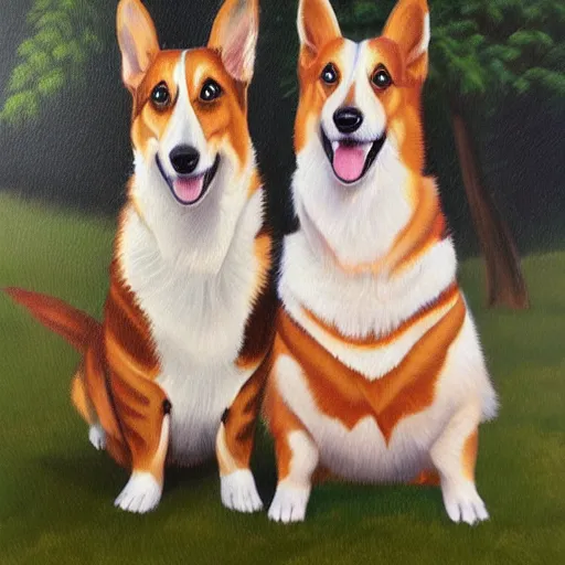 Prompt: highly detailed oil painting of corgis by bosch