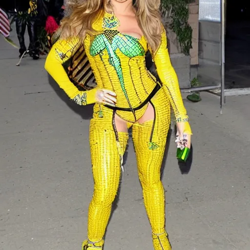 Image similar to full body photo of jennifer lopez, she is wearing a costume of corn on a cob