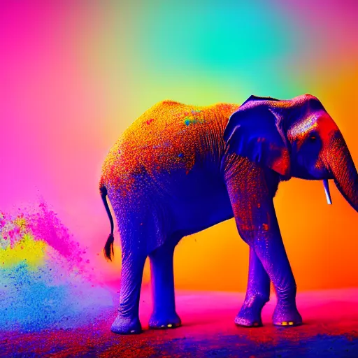 Image similar to photograph of happy elephant covered in bright-colored powder, holi, sharp focus, cinematic lighting, rim lighting, clouds of colored powder flying in the background, enhanced, 4k, hd, flickr