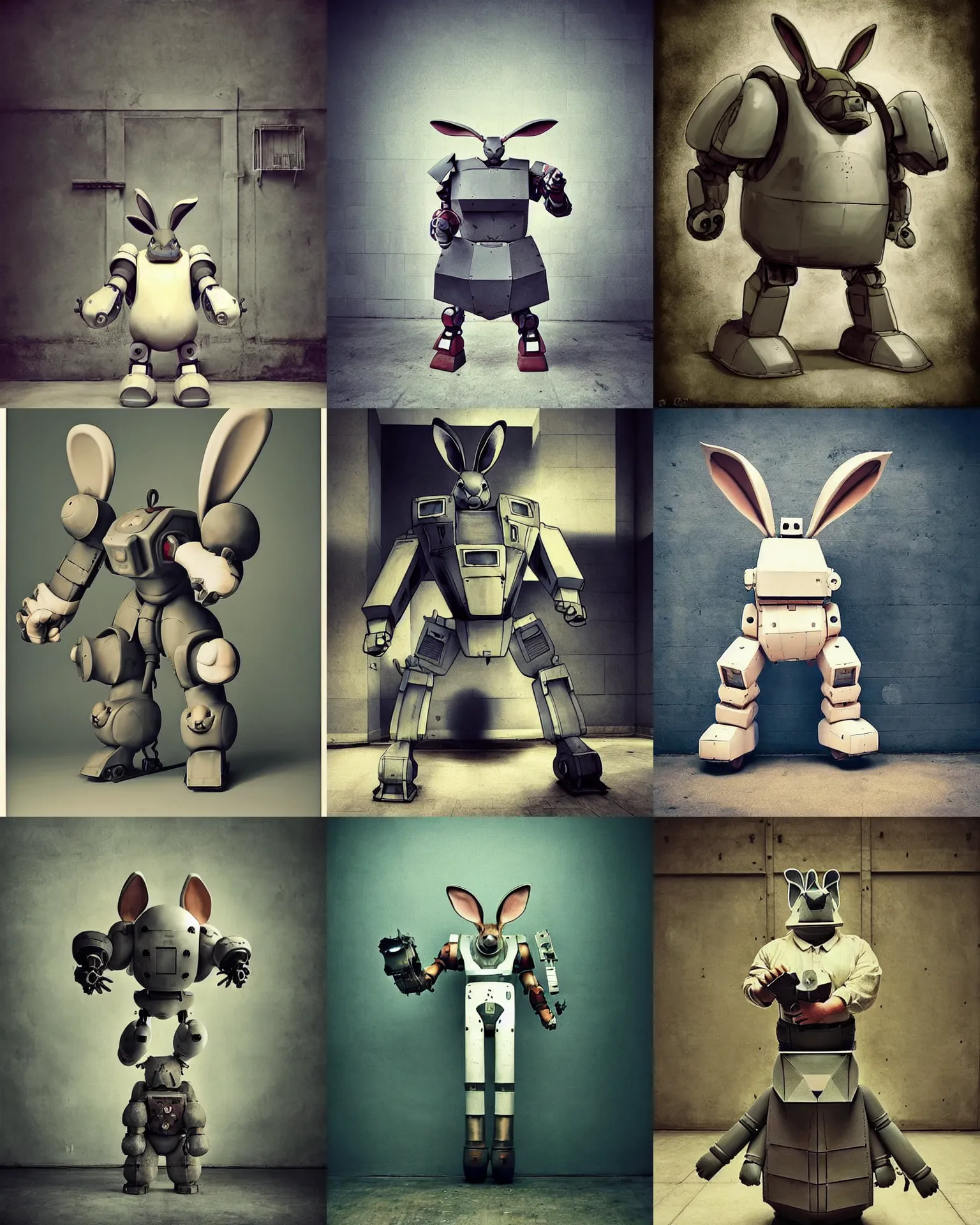 Prompt: epic fighting pose !!!giant oversized battle rabbit robot chubby mech with big ears , in prison!!! , full body , Cinematic focus, Polaroid photo, vintage , neutral dull colors, soft lights, foggy , by oleg oprisco , by victor enrich , by gregory crewdson , by discovery channel , by most wanted