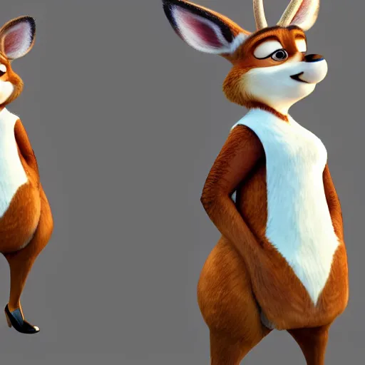 Image similar to portrait, 3 d render, tall little fat, anthropomorphic female deer, wearing along white dress, in the style of zootopia,