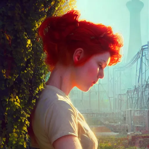 Image similar to red hair girl, chernobyl powerplant, disneyland castle, rubble, flowers, vines, hyperrealistic, highly detailed, cinematic, single ray of golden sunlight, beautiful, cgssociety, artstation, 8 k, oil painting by greg rutkowski, by artgerm, by wlop