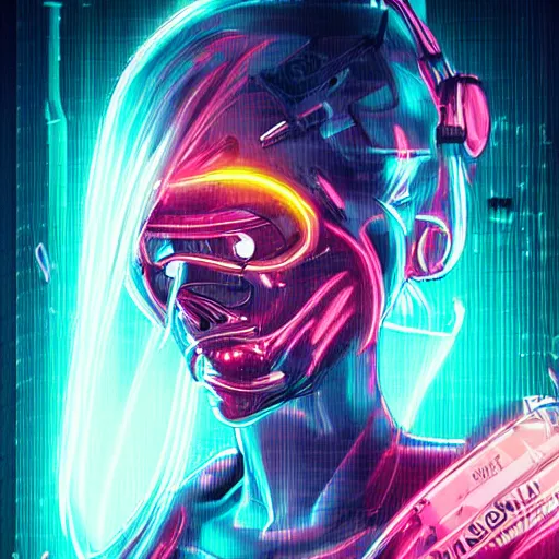 Prompt: cyberpunk Sylvi Listhaug realistic in neon amber exoarmour in a postaopcalyptic cinematic composition