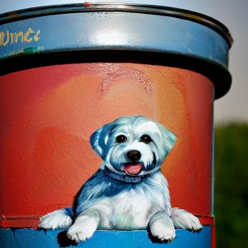 Prompt: a dog plays accordion sitting on the rim of a giant can of paint, its toes dipped into the paint