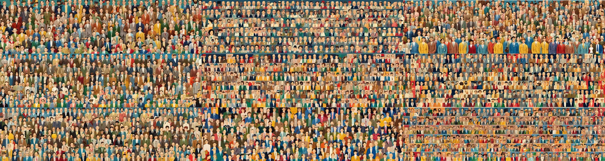 Prompt: a group photo of unique characters in the style of a highly detailed mural by wes anderson and norman rockwell