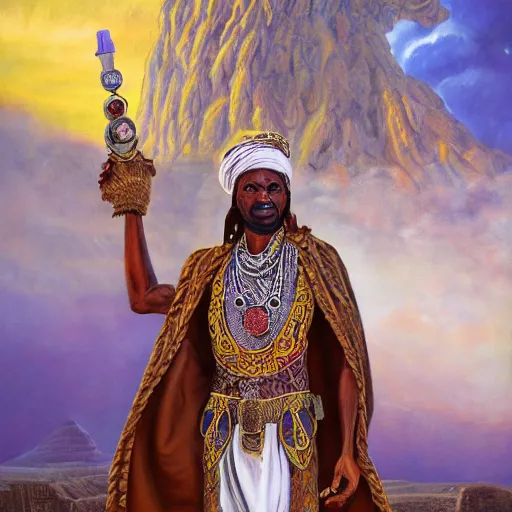 Prompt: an oil on canvas painting of an african moor wearing white robes and turban in the valley of the kings, ornate and decadent steampunk portal, by jeff easley, cinematic volumetric, surreal psychedelic portrait style, 8 k, hd,