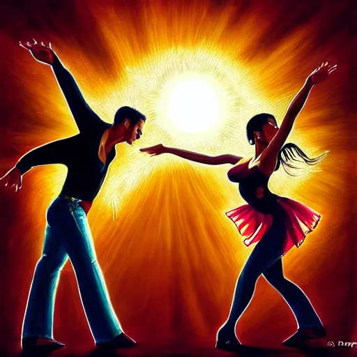 Image similar to semi realistic portrait of The sun is exploding while Latino Cubans Dancers Salsa Dancing by Stanley Artgerm Lau, sun exploding on the background, Gesture draw, Salsa Social Dance, couple, Salsa tricks, explosive background, WLOP, Rossdraws, Gesture draw, James Jean, Andrei Riabovitchev, Marc Simonetti, and Sakimichan, trending on artstation