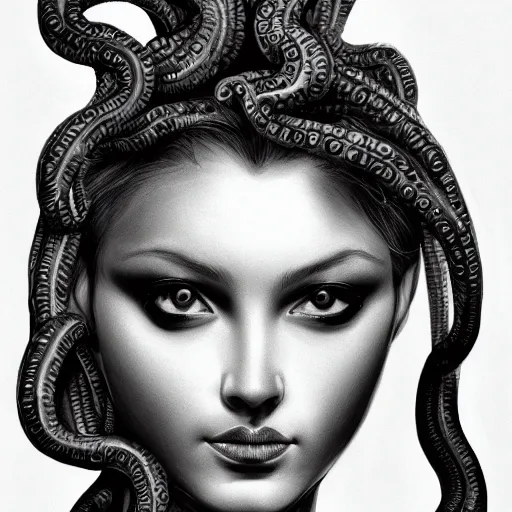 Image similar to medusa portrait painting, black and white, artstation, detailed, blurred background