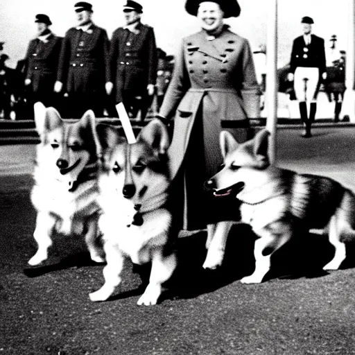 Image similar to ultra wide historical photo of young queen elizabeth and her corgis conquering nazi germany, sharp focus, highly detailed