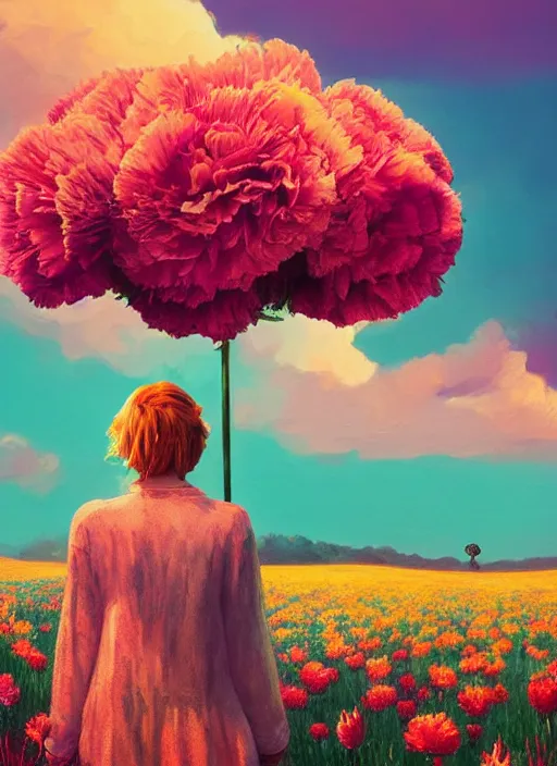 Image similar to woman with a giant carnation head, flower field, surreal photography, sunset dramatic light, impressionist painting, colorful clouds, blue sky, digital painting, artstation, simon stalenhag