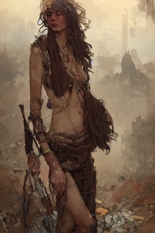 Image similar to a full body portrait of a beautiful post apocalyptic offworld miners quarter bedouin blind pulp fiction scarlet wild rogue barbarian leper begging by the roadside, intricate, elegant, highly detailed, digital painting, artstation, concept art, smooth, sharp focus, illustration, art by krenz cushart and artem demura and alphonse mucha