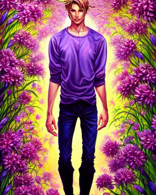 Image similar to a painting of a beautiful man surrounded by flowers, an ultrafine detailed painting, by mark brooks, centered full body, featured on deviantart, fantasy art, detailed painting, deviantart, anime