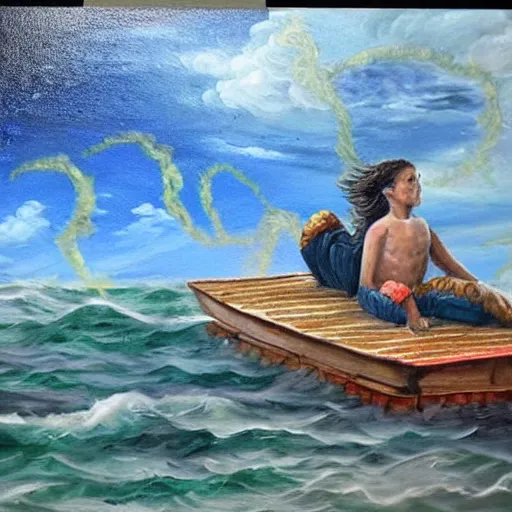 Prompt: beautiful painting by a fourteen year old boy with and enormous mechanical wing strapped to his back, standing on the back of a boat in a storm, his arms spread. ready to fly, icarus, winged boy, young teen, rain, clouds, waves, splash,