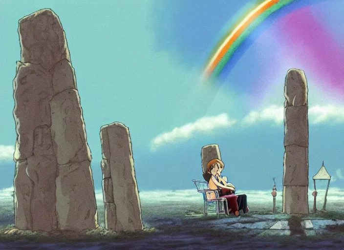 Image similar to a realistic cell - shaded studio ghibli concept art from paprika ( 2 0 0 6 ) of a rainbow - colored cube from close encounters of the third kind ( 1 9 7 7 ) and a grey long - haired witch sitting on top of a pillar in a flooded stonehenge on a misty starry night. very dull colors, wide shot, hd, 4 k, hq