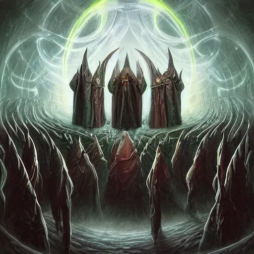 Image similar to a dark cabal of multiple hooded elven mystics in long dark robes gathered in a circular formation around a quantum computer, dan seagrave art, michael whelan, artstation, cgsociety