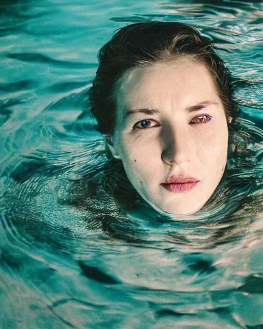 Prompt: a woman's face underneath the water, serene emotion, film grain, strange colors