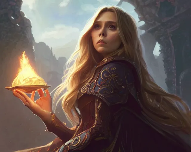 Image similar to a gaming screenshot still portrait of elizabeth olsen in final fantasy, deep focus, d & d, fantasy, intricate, elegant, highly detailed, digital painting, artstation, concept art, matte, sharp focus, illustration, dark fantasy style art, hearthstone, art by artgerm and greg rutkowski and alphonse mucha