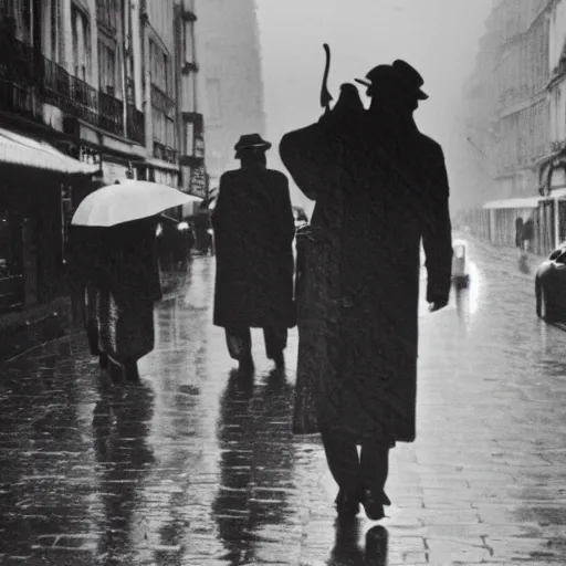 Image similar to the man leaping with an umbrella in a raining paris street, by henri cartier bresson,