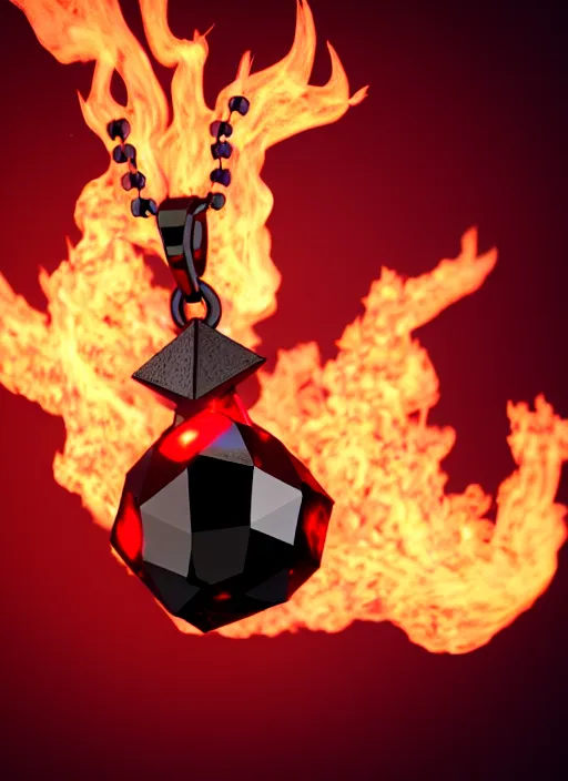 Image similar to rpg item, a black necklace with a bright red crystal pendant in flames, Unreal 5, DAZ, hyperrealistic, rpg style, octane render, dynamic lighting