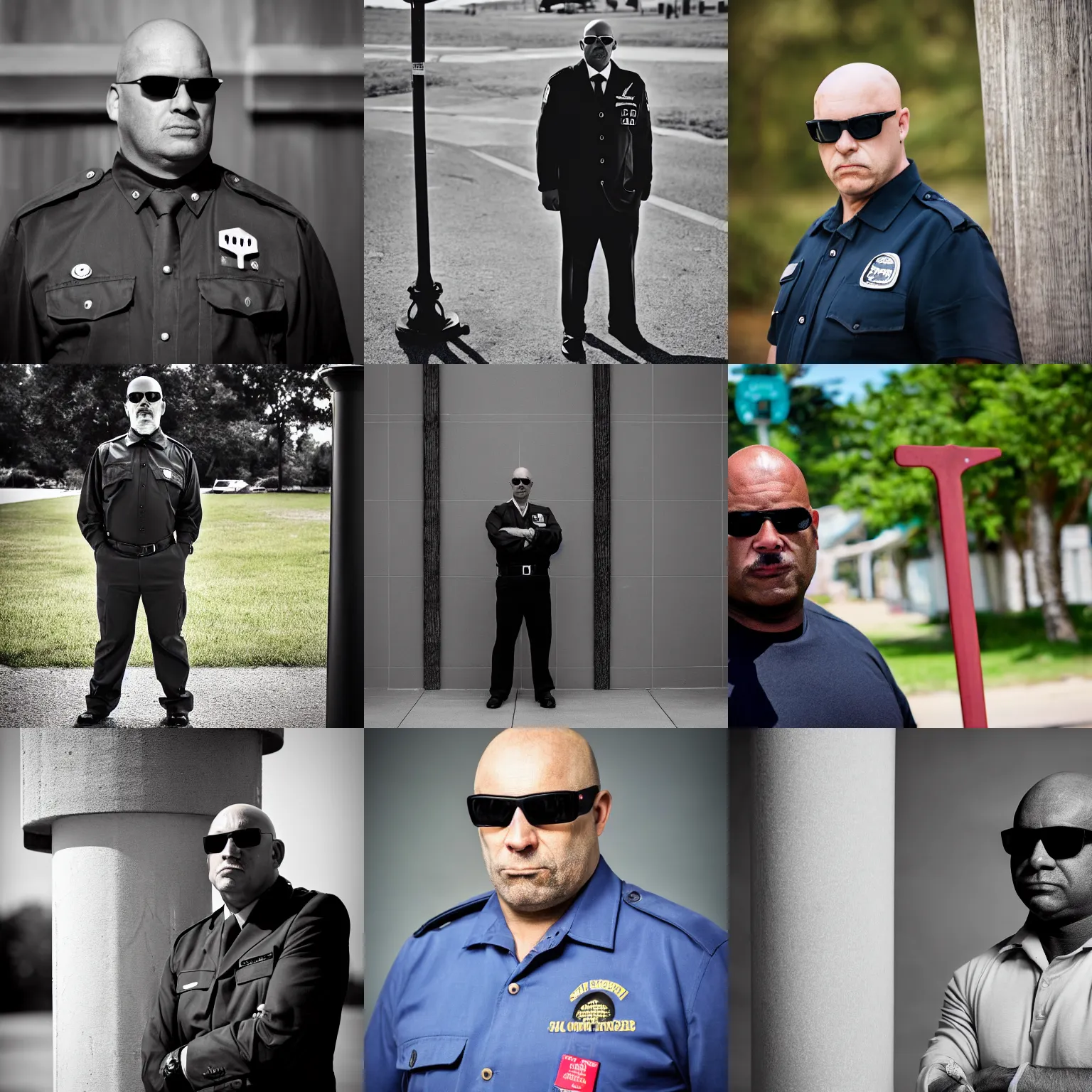 Prompt: A portrait photo of a 50 year old bald security guard, wearing sunglasses, with serious face expression, standing near his post. 50 mm lens