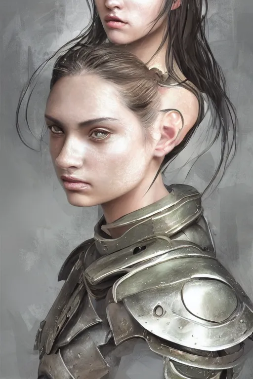 Image similar to a photorealistic painting of an attractive young girl, partially clothed in metal-plated battle armor, olive skin, long dark hair, beautiful bone structure, symmetrical face, perfect eyes, intricate, elegant, digital painting, concept art, illustration, sharp focus, minimal artifacts, from Metal Gear, in the style of Ruan Jia and Mandy Jurgens, by Greg Rutkowski, trending on Artstation, award winning