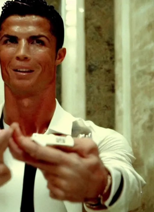 Image similar to film still of cristiano ronaldo as tony montana saying say hello to my little friend in Scarface