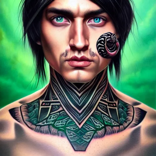 Image similar to ultra realistic portrait painting of a perfect handsome man green eyes black and grey hair, neck tribal snake tattoo, painted by Tristan Eaton Stanley Artgerm and Tom Bagshaw