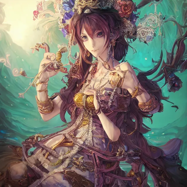 Image similar to the portrait of chaotic good female druid alchemist as absurdly beautiful, gorgeous, elegant, young anime girl, an ultrafine hyperdetailed illustration by kim jung gi, irakli nadar, intricate linework, sharp focus, bright colors, octopath traveler, final fantasy, unreal engine 5 highly rendered, global illumination, radiant light, detailed and intricate environment