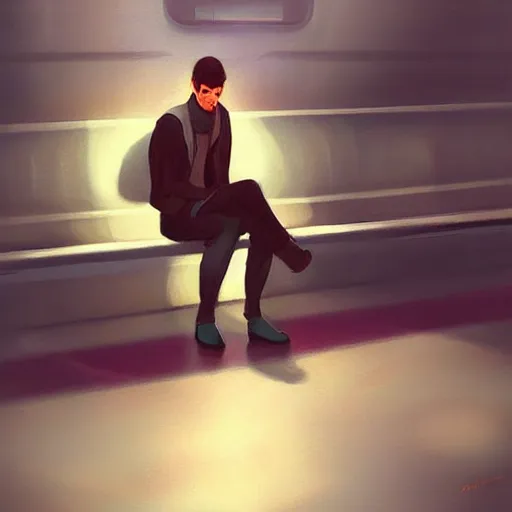 Image similar to a beautiful painting of a lonely man sitting in a subway seat by artgerm, concept art, cinematic lighting