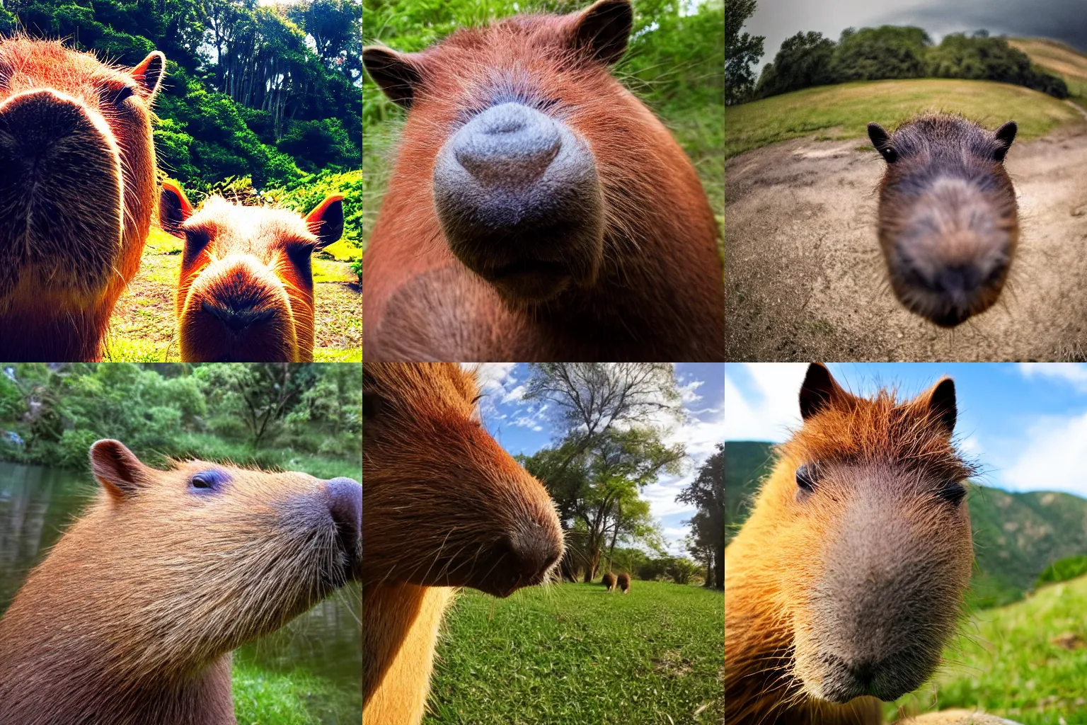 Prompt: high quality selfie taken by a capybara in the wild