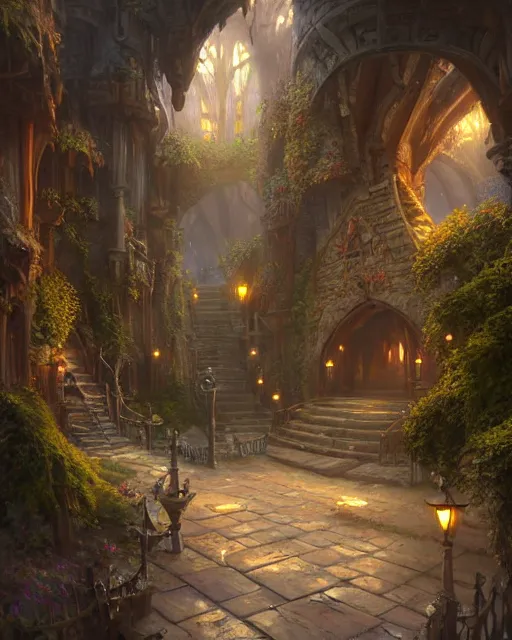 Image similar to big hazzle at the robust fantasy castle courtyard, calming, uplifting mood, ultra realistic, funny, small buildings, highly detailed, epic lighting, illuminated, cinematic, morning, art by eddie mendoza