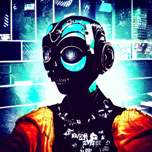 Prompt: 35mm macro shot of a cyberpunk magical scarecrow girl in a blend of manga style art, augmented with vibrant composition and color, all filtered through a cybernetic lens, studio lighting