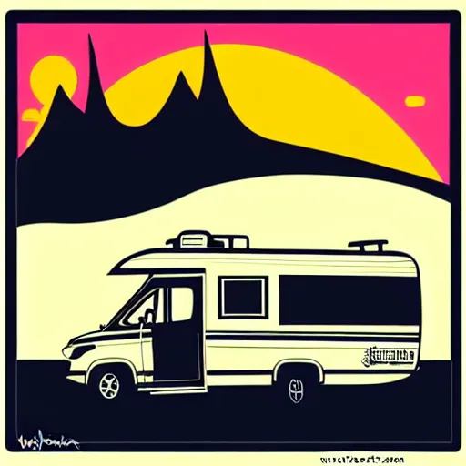 Prompt: a white and black cute thor chateau! motorhome camper!!, mountains, colorful sunset!!, stencil art by tom whalen