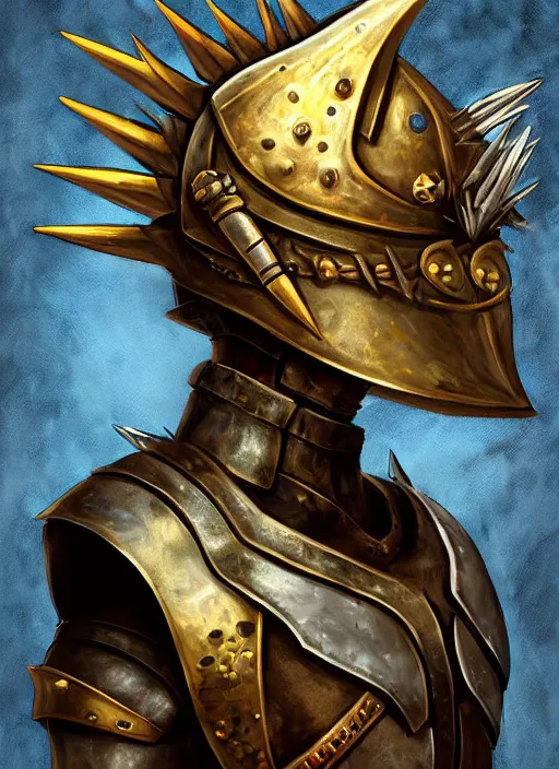 Prompt: a warrior with a giant needle on top of their helmet wearing spiky armor, digital art, character portrait