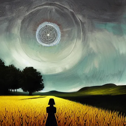 Image similar to giant black daisy flower as a face, girl walking in wheat field, hills, surreal photography, dark night, star trails, dramatic light, impressionist painting, clouds, digital painting, artstation, simon stalenhag