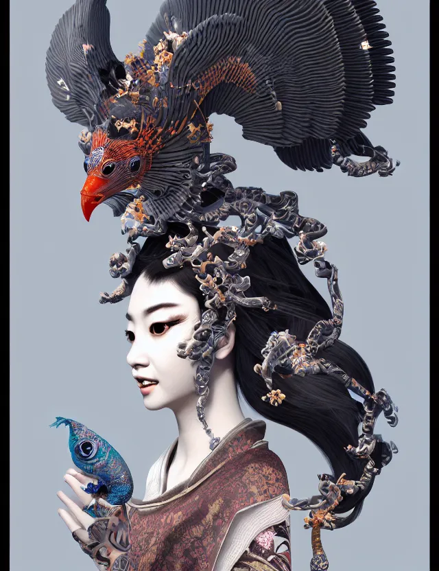 Image similar to 3 d goddess close - up profile portrait biomechanics with ram skull. beautiful intricately detailed japanese crow kitsune mask and clasical japanese kimono. betta fish, jellyfish phoenix, bio luminescent, plasma, ice, water, wind, creature, artwork by tooth wu and wlop and beeple and greg rutkowski