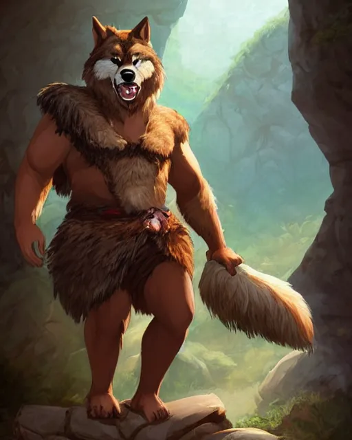 Image similar to burly tough character feature portrait of the anthro male anthropomorphic wolf fursona animal person wearing tribal primitive caveman loincloth outfit belt standing in the entrance to the cave, center framed character design stylized by charlie bowater, ross tran, artgerm, makoto shinkai, detailed, soft lighting, rendered in octane