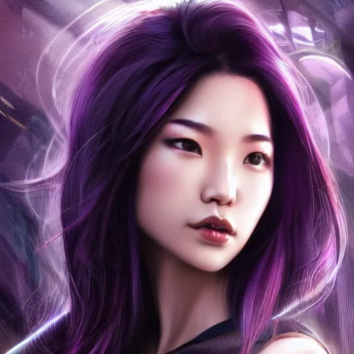 Image similar to photo of a gorgeous asian female with long dark purple hair in the style of stefan kostic, realistic, cyberpunk, body shot, sharp focus, 8 k high definition, insanely detailed, intricate, elegant, art by stanley lau and artgerm, floating embers