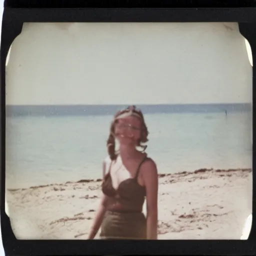 Image similar to a very beautiful old polaroid picture of a young women at the beach, award winning photography