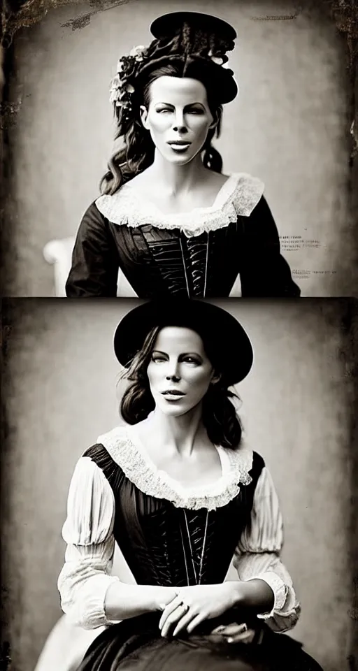 Image similar to digital collodion photograph, a beautiful portrait of Kate Beckinsale dressed in victorian era clothes