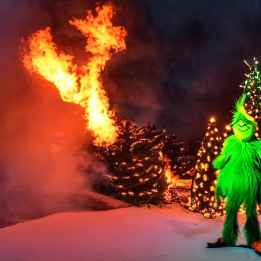 Image similar to the grinch manically laughing while an 80 ft Christmas tree burns in the background