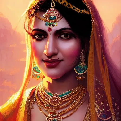 Prompt: portrait of Beautiful indian bride , full of details, matte painting, concept art, smooth, by Jordan Grimmer and WLOP，trending on artstation