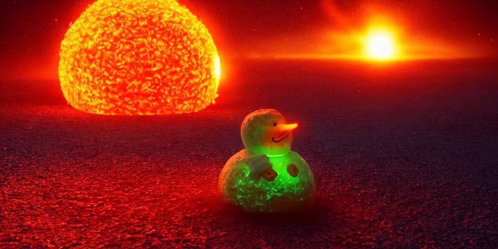 Image similar to a melted glowing snowman melting on top of the sun. the ground is made of fire and lava and is glowing orange. cinematic, dramatic, epic, volumetric lighting, atmospheric, red, orange extremely coherent, masterpiece, highly detailed, trending on artstation, 8 k, space, warm, solar flare, blade runner 2 0 4 9