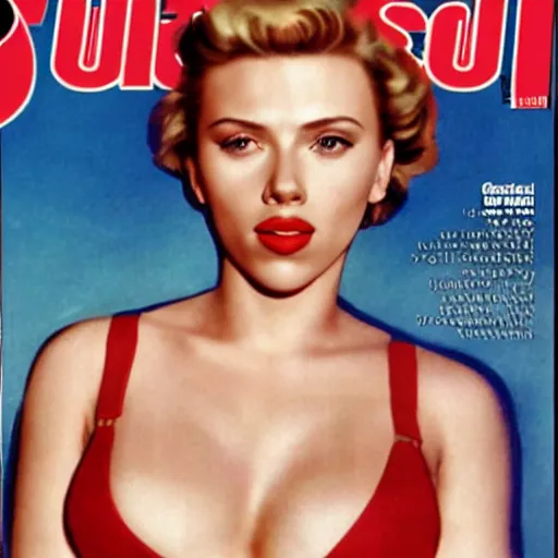 Prompt: Scarlett Johansson on the cover of Swimsuit Illustrated (1940)