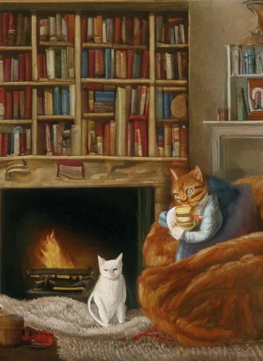 Prompt: A humanoid cat at home in a bathrobe and slippers with a cup of coffee next to the fireplace, Kenneth Grahame, 8k, hd