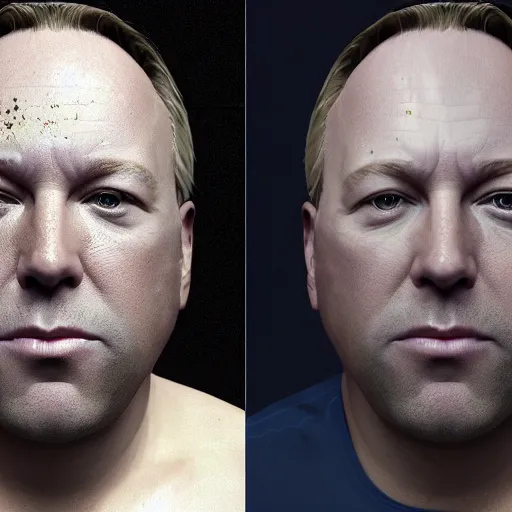 Prompt: hyperrealistic mixed media image of a scantily dressed alex jones from info wars, stunning 3 d render inspired art by istvan sandorfi and greg rutkowski, perfect facial symmetry, realistic, highly detailed attributes and atmosphere, dim volumetric cinematic lighting, 8 k octane extremely hyper - detailed render, post - processing, masterpiece,