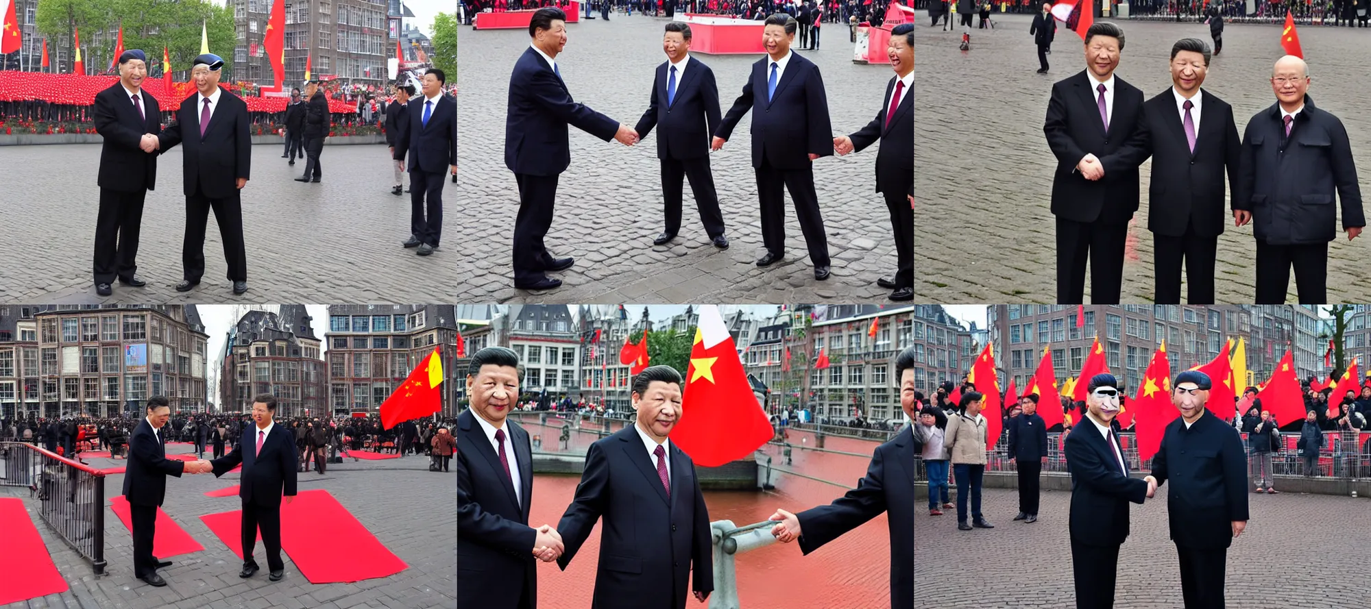 Prompt: xi jinping and won yip shaking hands on dam square