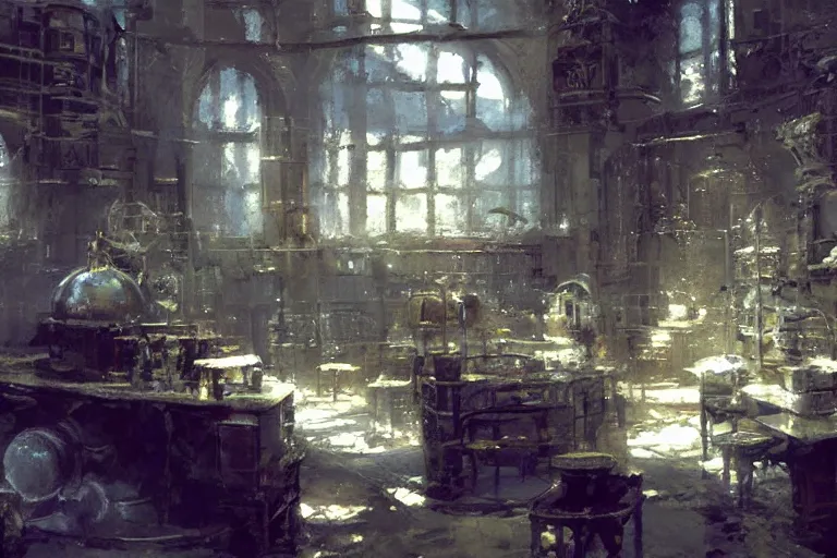 Image similar to the interior of an alchemist ’ s laboratory, concept art by craig mullins