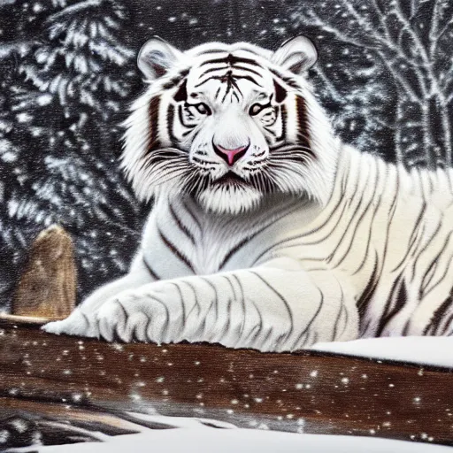 Prompt: beautiful fluffy magestic white tiger sitting in snowy winter landscape detailed painting 4 k