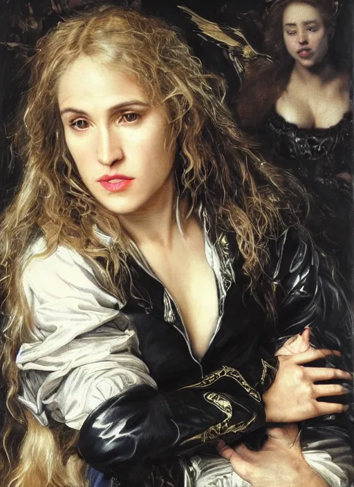 Image similar to , , amy jo johnson dressed as black Canary,, Dramatic, Edge, Good, Infused, Backlight, De-Noise, VFX, insanely detailed and intricate, hypermaximalist, facial ,elegant, ornate, hyper realistic, super detailed, by Anthony Van Dyck, by Ivan Shishkin, by John Constable